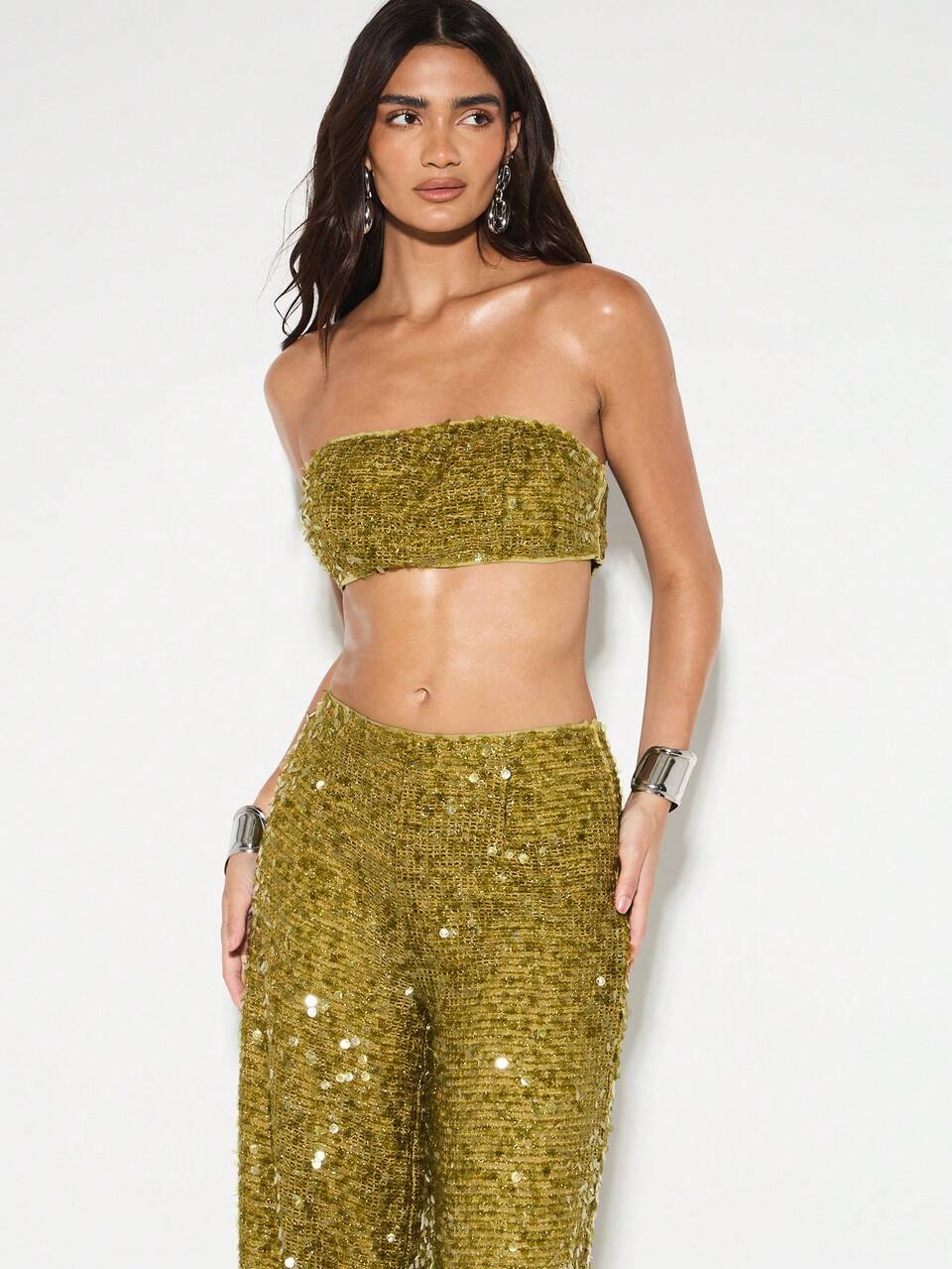 KIZN Sparkly Sequin Bandeau With Wide Leg Pants