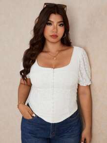 Elaquor Áo thun dáng ôm, màu trơn, chất liệu jacquard, cỡ lớn, thanh lịch, thích hợp cho nữ giáo viên. - trắng - Xem 6