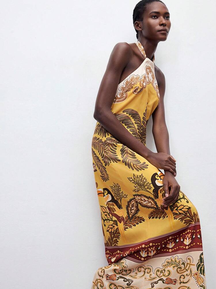 SHEIN Maija Women's Yellow Summer Sleeveless Tie-Waist Printed Dress, Backless Sexy Bohemian Loose Long Beach Dress, Summer Women's Beachwear And Vacation Wear, Women's Animal Print Beach Vacation Wear