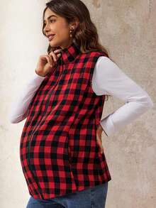Boho Mama Maternity Plaid Zipper Front Sleeveless 3-In-1 Jacket  Fall Clothes Boho Maternity Fall Winter Clothes - Red - View 7