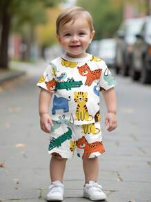 SHEIN 2pcs/Set Baby Boy Casual Cartoon Animal Print Round Neck Short Sleeve T-Shirt And Shorts Set, Summer - Multicolor - View 2