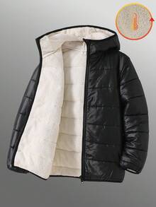 SHEIN Tween Boy 黑色羊毛连帽拉链加厚棉服，休闲百搭百搭柔软舒适，适合冬季户外玩雪