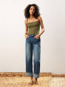 Maija Olive Green Cutout Single Shoulder Strap Women's Tank Top, Casual Design Festival Comfy Versatile For Spring & Summer - Green - View 6