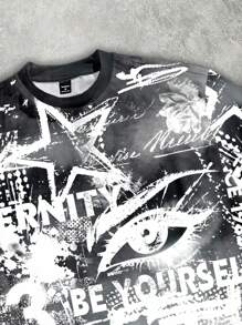 Manfinity Roghcode 夏季男士休闲街头全印花短袖宽松T恤 - 黑色 - 查看 2