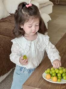 Dazy Kids 女婴蕾丝蝴蝶结休闲长袖上衣，幼儿秋装 - 白色 - 查看 5