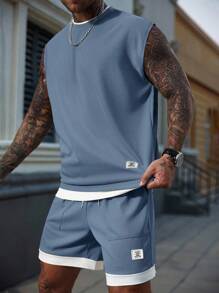 Manfinity CasualCool Men's Casual Letter Patched Round Neck Tank Top And Shorts Set, Summer Blue Two Piece Set Men, Cozy Outfits - Dusty Blue - View 5