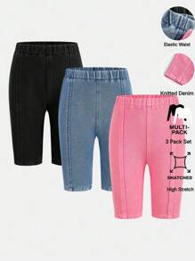 Tween Girl 3-Piece Washed Denim Bike Shorts Set, 3 Colors, Comfortable Stretchy Knitted Denim Cotton Fabric, Elastic Waistband, Front Ripped Design Details, Denim Casual Street Style, School, Outdoor, Sports Essential Versatile Denim Piece - Multicolor - View 2