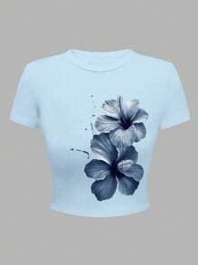 SHEIN Tween Girls Floral Print Cropped Fitted Round Neck T-Shirts, Casual & Comfortable For Summer