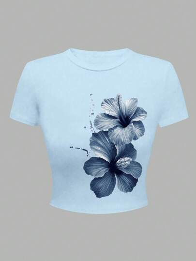 SHEIN Tween Girls Floral Print Cropped Fitted Round Neck T-Shirts, Casual & Comfortable For Summer