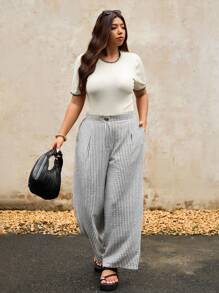 Elaquor 秋季大码女式条纹百搭百搭直筒金属纽扣西装裤 - 杏色 - 查看 4