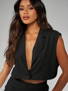 MISSGUIDED Áo vest blazer vải lanh ngắn tay chuyên nghiệp có cổ chữ V sâu, phong cách công sở tối giản hiện đại mùa hè dành cho doanh nhân - màu đen - Xem 5