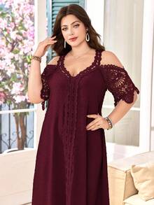 Lacomfia Vestido Solto Elegante Tamanho Plus com Decote em V, Manga Curta, Recortes a Laser e Renda - Vinho - Visão 3
