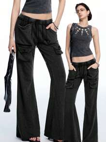 LYSMO 重度水洗复古风格结构口袋抽绳喇叭裤 - 黑色 - 查看 1