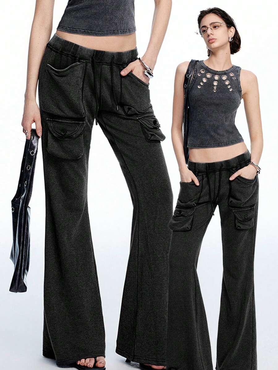 LYSMO 重度水洗复古风格结构口袋抽绳喇叭裤 - 黑色 - 查看 1