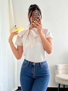 Islaluna Áo sơ mi nữ có nơ và trang trí ngọc trai, tay bồng, xuân/hè - Màu be - Xem 7