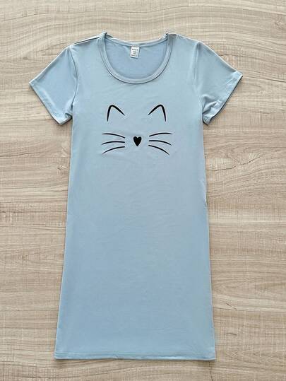 Snug Zone Cute Cartoon Cat Expression T-Shirt Dress For Big Girls, Nightgown Cat Shirts For Girls Cute Shirts For Kids And Girls T Shirt Dress Tween Baby Blue Clothing For Tween Kids Nightgown