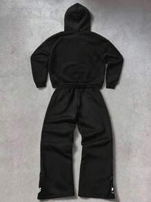 PAVTROS 男士 INS 配星印花基本款裤子，带侧拉链，休闲街头服饰，男友/丈夫礼物，周年纪念礼物，时尚连帽衫套装，男士慢跑套装，黑色两件套男士，运动套装 - 黑色 - 查看 3