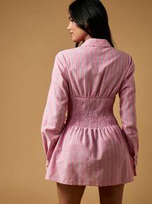 MISSGUIDED Long Sleeve Button Down Mini Dress Collared Ruched Waist Striped Shirt Dress Fall Winter Spring Fashion Statement Business Professional Attire Classic Design - Pink - View 2