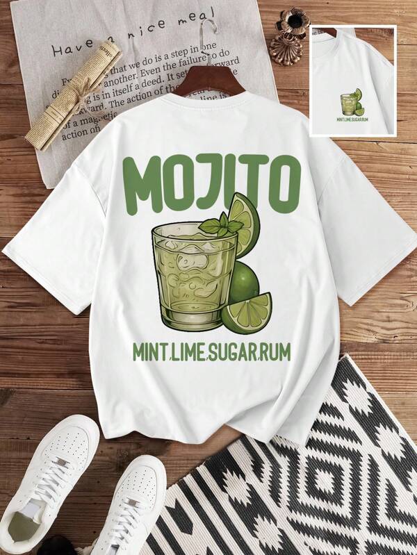 Manfinity Joysei Men's White Round Neck Short Sleeve T-Shirt With "MOJITO" Cocktail Graphic And Fresh Green Print, Casual Style For Daily Wear, Summer