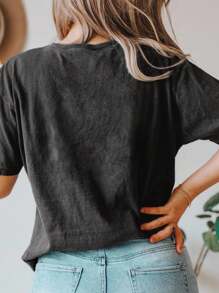 SHEIN LUNE 大码夏季休闲图形文字印花T恤 - 深灰色 - 查看 2