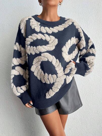 SHEIN Maglione da donna con scollo tondo e spalle scoperte, a fantasia a tema asciugamano