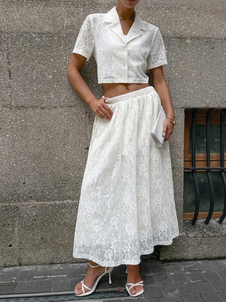 Women's Regular Collar Shirt + Pleated Lace Skirt 2 Pieces Set