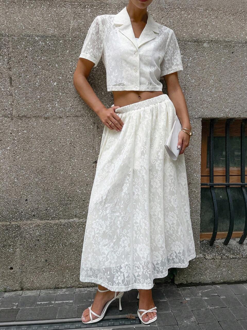 Women's Regular Collar Shirt + Pleated Lace Skirt 2 Pieces Set Lounge Sets For Women