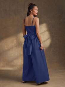 WESTFADE 春季府绸斜领蝴蝶结后背西部无袖可爱阔腿实用连体裤夏季海滩度假装 - 藏蓝色 - 查看 2