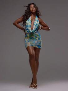 MUSERA Plunge Draped Halterneck Sheer Print Fitted Mini Dress Cover Up Ibiza Sexy Vacation Holiday Spring Summer Festival Beachwear Romantic Elegant Birthday Swim Date Night, Night Out, Birthday