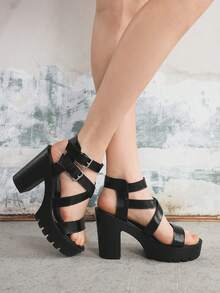 Sugerpunk 优雅时尚露背扣设计高跟厚底凉鞋，朋克风格圆头罗马凉鞋适合派对、日常穿着、晚礼服，增高显腿长，舒适百搭的女士高跟鞋 - 黑色 - 查看 5