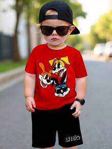 SHEIN Leap Crew Set di Maglietta con Maniche Corte e Pantaloncini Stampati con Animali per Ragazzi Casual, Adatto per l'Estate - Multicolore - Visualizzare 2