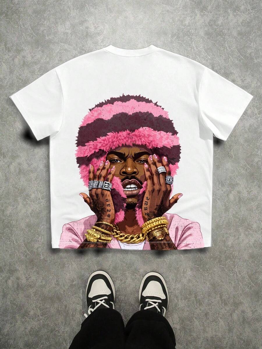 Manfinity Roghcode 超大街头图案印花粉色T恤，宽松领口设计，适合夏季