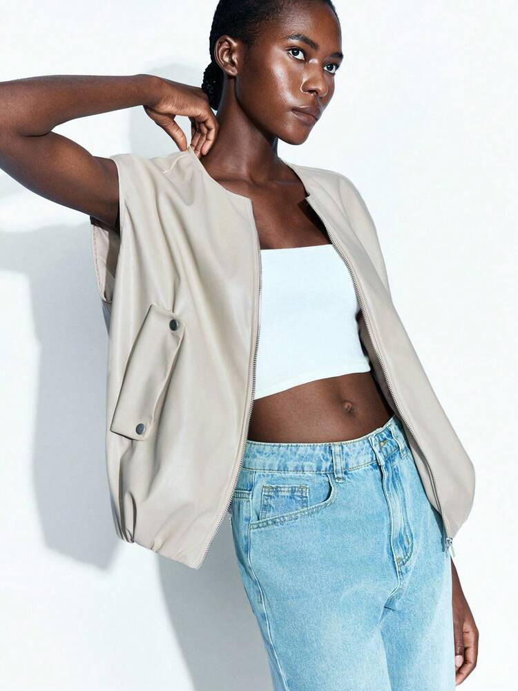 SHEIN Maija Women's Casual Commuter Solid Color Sleeveless Jacket Cropped Jacket Cropped Blazer Crop Top Jacket Open Front Top Going Out Tops Fall Women Fall Women Fall Women Autumn Winter Winter Jacket School