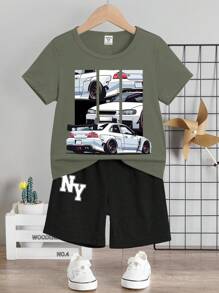 SHEIN Set de 2 piezas de camiseta de manga corta casual y pantalones cortos para niños, adecuado para el verano
