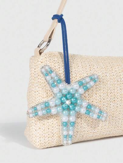 Fairycore 1pc Blue & White Boho Style Beaded Starfish Pendant, Decorative Accessory For Vacation Bags
