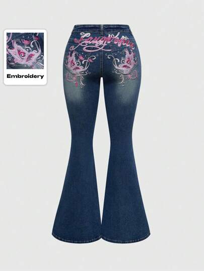 Y2K Shibuya Girl Millennium Pink Butterfly Embroidery Slim Fit Flared Pants Of Subculture Style