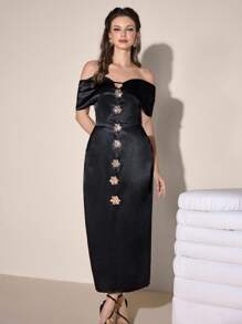 Poshira Women's Elegant Metal Decor Off Shoulder Midi Dress, Party Attire Black Midi Dress Satin Midi Dress Corset Midi Dress Off The Shoulder Midi Dress Black Satin Dress,Women Stylish Casual Fall Autumn Outfits, Cute Vintage Modest Women Outfits, Back To School School Outfits, Back To School Dresses, Women Teacher Outfits - Black - View 7