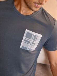 Manfinity Underwear&Sleepwear Basics Men's Plaid Short Sleeve And Long Pants Pajama Set - Dusty Blue - View 5