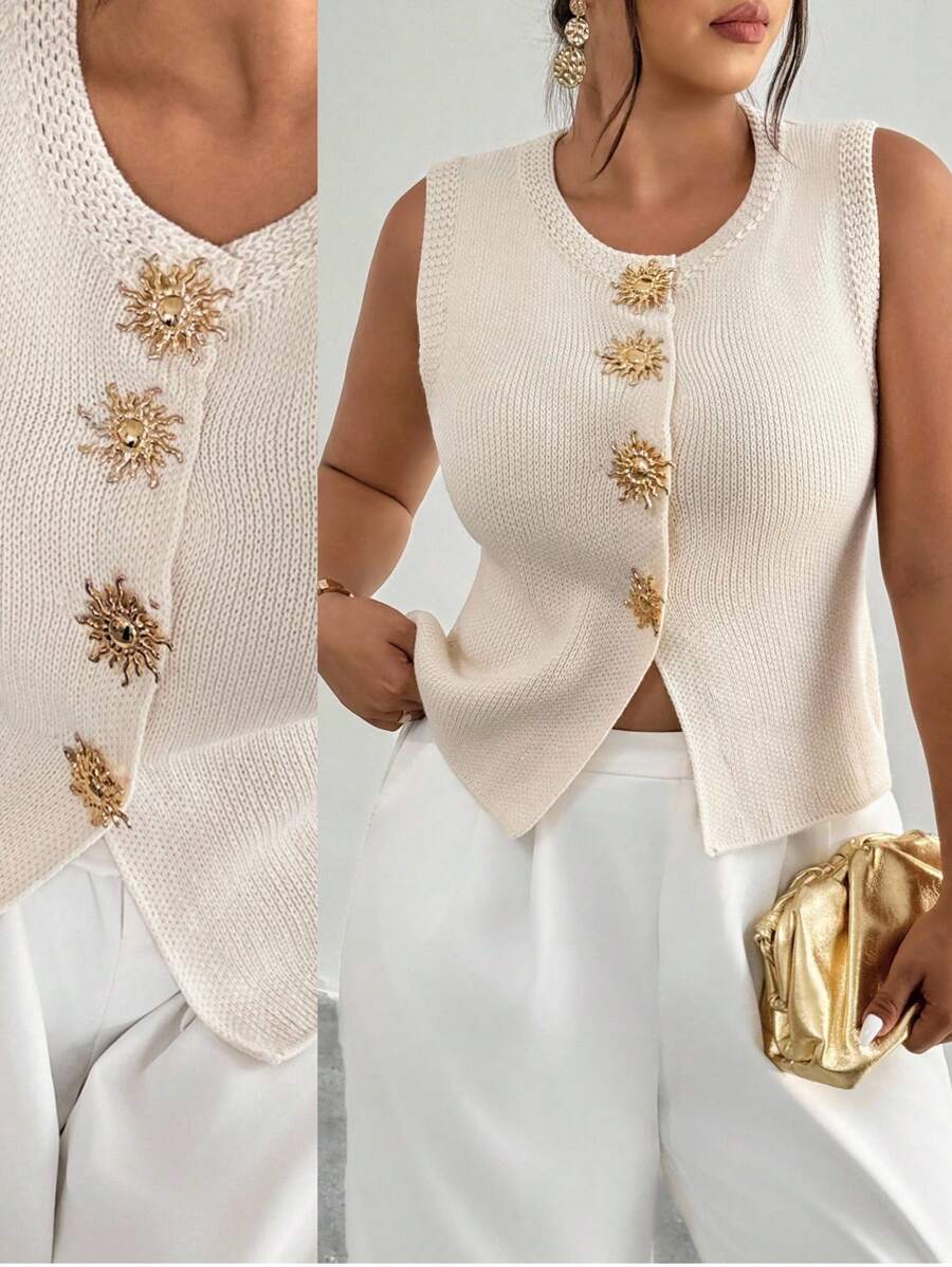 Firerie Plus Size Women Metal Decor Knitted Vest, Casual For Summer White Knit Top White Elegant Top White Vest For Women Tops For Women Elegant Knit Vest Fall Women Clothes Winter Cdothes For Women  Teacher Back To School Clothes,Business Casual Woman Autumn - Apricot - View 1