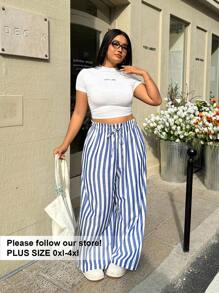 SHEIN EZwear Pantalones casuales de pierna ancha a rayas azules y blancas de talla grande