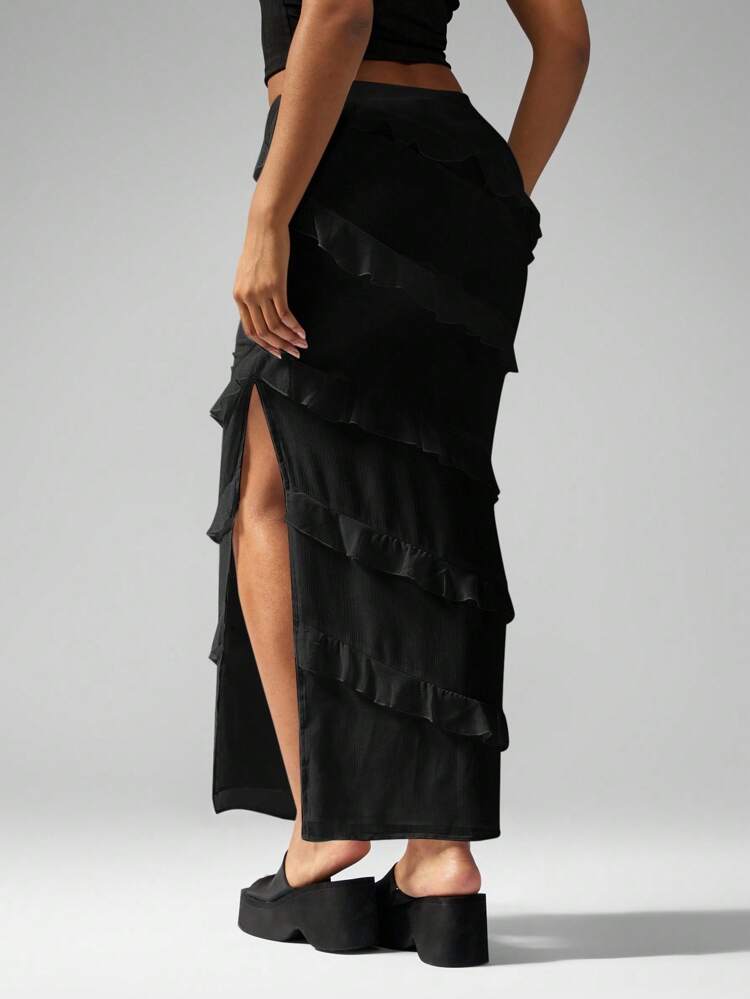 MISSGUIDED Ruffle Tiered Long Maxi Skirt Side Slit Evening Party Wedding Guest Fall Winter Occasion Wear Elastic Waist Lined Floor Length Graceful Skirt