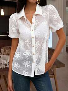 INAWLY Women's Embroidered Button See-Through Short Sleeve Casual Blouse For Summer - White - View 5