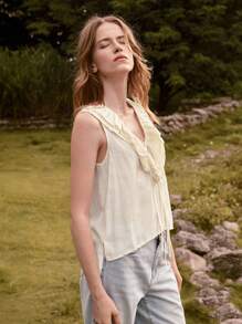 Lumivelle Elegant Flouncing Sleeveless Blouse, Solid Color, Summer - Apricot - View 4