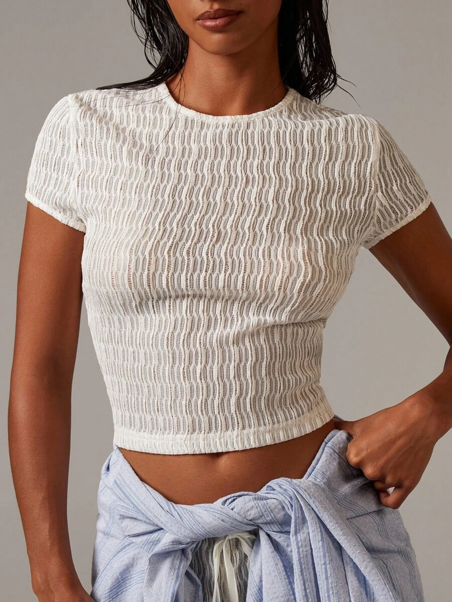 Athîral 女式夏季纯色圆领短袖短款修身T恤 - 白色 - 查看 1