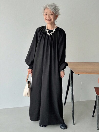 FRIFUL 女士纯色圆领褶皱长款休闲夏装