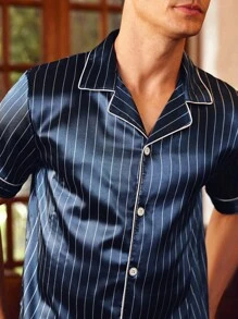 SHEIN EverLounge Men Vertical Striped Button Front PJ Set / Pajama Set