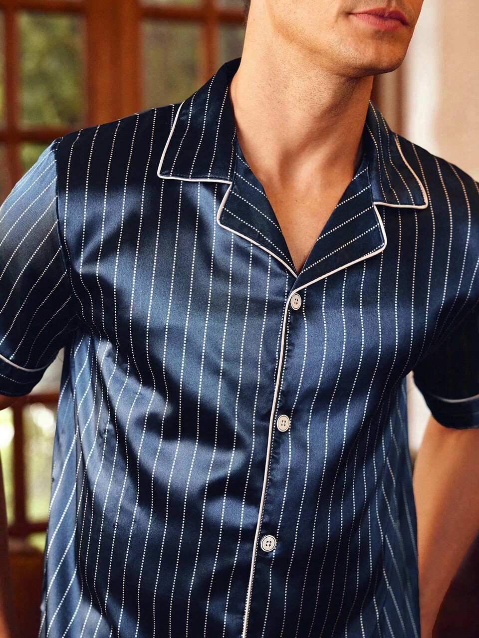 Men Vertical Striped Button Front PJ Set / Pajama Set