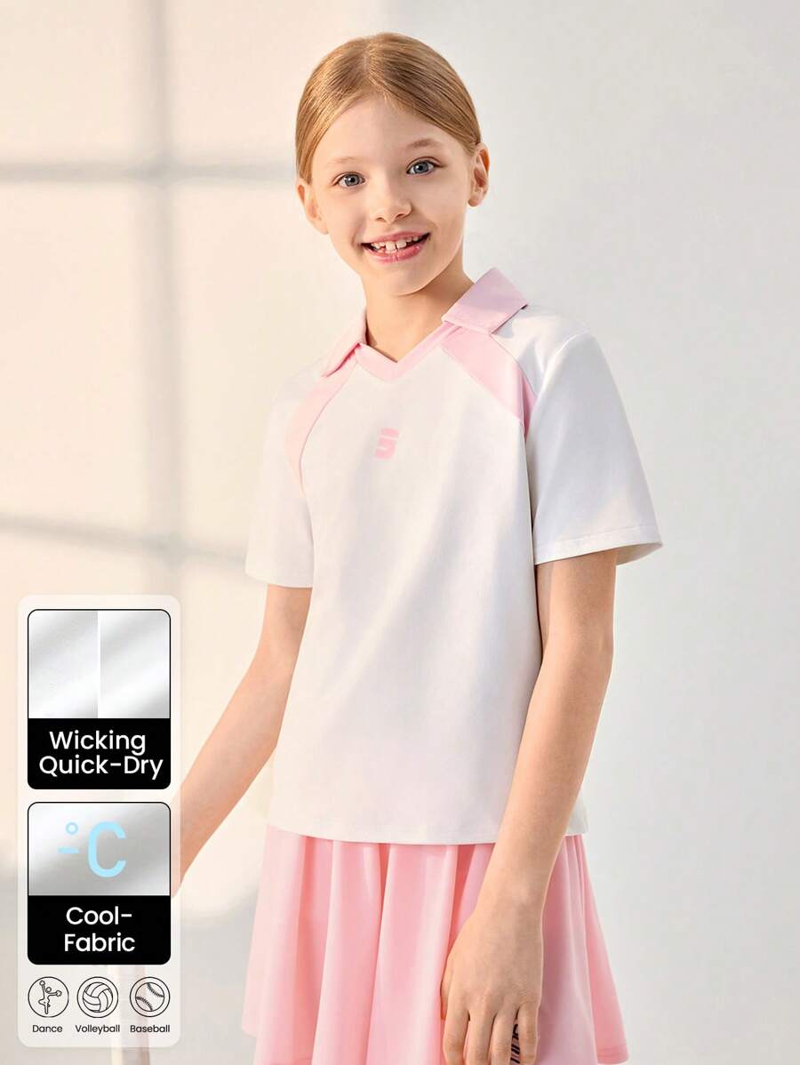 JNSQ 青少年女孩返校户外运动衬衫，青少年女孩撞色领子拼接户外运动 T 恤