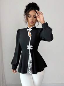 Elenzga 中国风镂空领拼色拼接纽扣装饰碎花面料A字收腰优雅休闲通勤百搭长袖上衣，初秋 - 黑色 - 查看 6