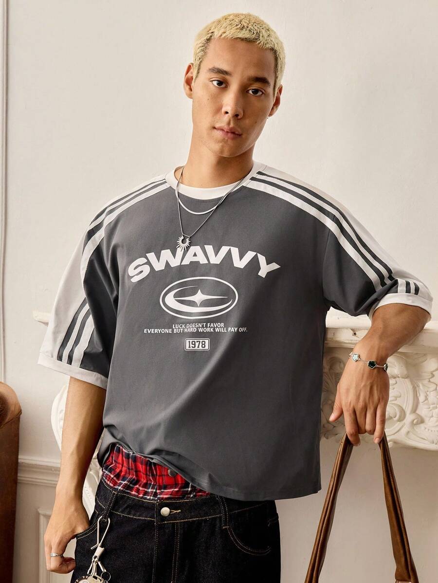 SWAVVY 男士夏季休闲宽松撞色印花翻边短袖T恤 - 灰色 - 查看 1